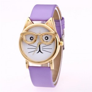 Cute Golden Glasses Cat Fashion Wrist Watch - Violet