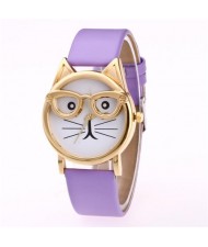 Cute Golden Glasses Cat Fashion Wrist Watch - Violet