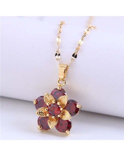 Wholesale Jewelry Cubic Ziconia Flower Pendant Women Alloy Fashion Necklace - Red