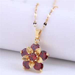Wholesale Jewelry Cubic Ziconia Flower Pendant Women Alloy Fashion Necklace - Red
