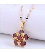 Wholesale Jewelry Cubic Ziconia Flower Pendant Women Alloy Fashion Necklace - Red
