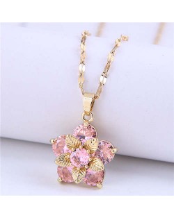 Wholesale Jewelry Cubic Ziconia Flower Pendant Women Alloy Fashion Necklace - Pink