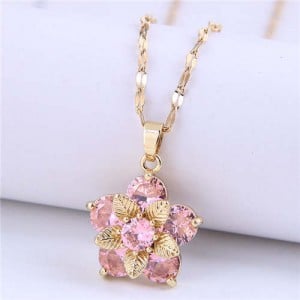 Wholesale Jewelry Cubic Ziconia Flower Pendant Women Alloy Fashion Necklace - Pink