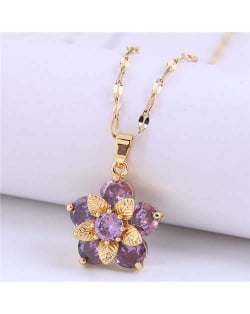 Wholesale Jewelry Cubic Ziconia Flower Pendant Women Alloy Fashion Necklace - Violet