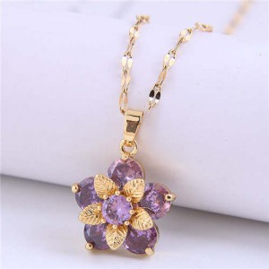 Wholesale Jewelry Cubic Ziconia Flower Pendant Women Alloy Fashion Necklace - Violet