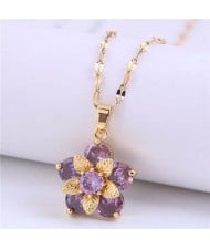 Wholesale Jewelry Cubic Ziconia Flower Pendant Women Alloy Fashion Necklace - Violet