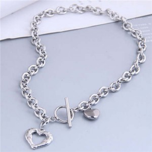Punk Fashion Wholesale Jewelry Silver Color Heart Shape Pendant Thick Chain Necklace
