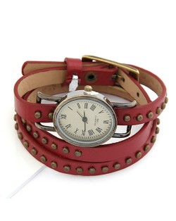 Rivets Decorated Punk Fashion Red Leather Bracelet Watch