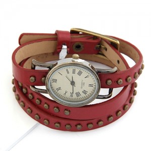 Rivets Decorated Punk Fashion Red Leather Bracelet Watch