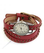 Rivets Decorated Punk Fashion Red Leather Bracelet Watch