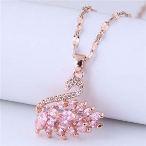 Elegant Design Wholesale Jewelry Glistening Cubic Zirconia Swan Pendant Office Lady Necklace - Pink