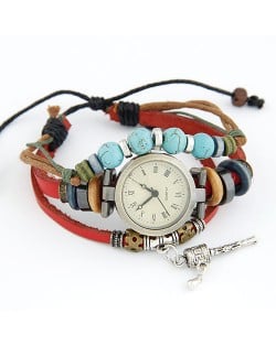 Fashionable Multiple Layer Elements Leather Bracelet Watch - Red