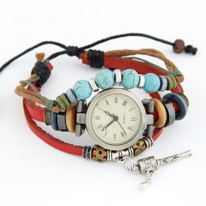 Fashionable Multiple Layer Elements Leather Bracelet Watch - Red