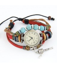 Fashionable Multiple Layer Elements Leather Bracelet Watch - Red
