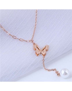 Pearl Tassel Three-dimensional Matte Butterfly Pendant Women Wholesale Necklace - Rose Gold