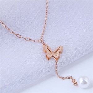 Pearl Tassel Three-dimensional Matte Butterfly Pendant Women Wholesale Necklace - Rose Gold