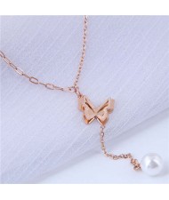 Pearl Tassel Three-dimensional Matte Butterfly Pendant Women Wholesale Necklace - Rose Gold
