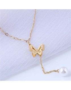 Pearl Tassel Three-dimensional Matte Butterfly Pendant Women Wholesale Necklace - Golden