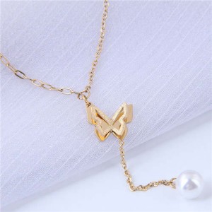 Pearl Tassel Three-dimensional Matte Butterfly Pendant Women Wholesale Necklace - Golden