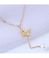 Pearl Tassel Three-dimensional Matte Butterfly Pendant Women Wholesale Necklace - Golden