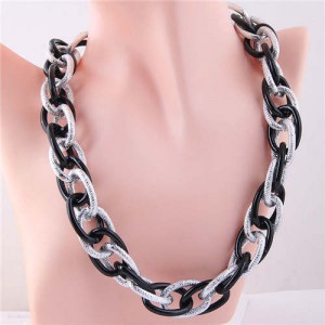 U.S. Fashion Wholesale Jewelry Punk Style Thick Chain Weaving Pattern Bold Statement Necklace - Black and Silver