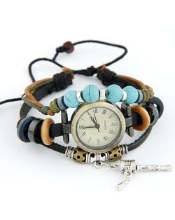 Fashionable Multiple Layer Elements Leather Bracelet Watch - Black