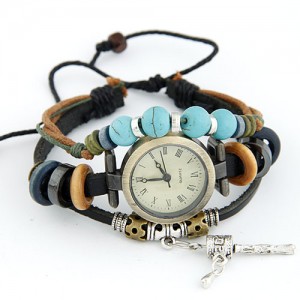 Fashionable Multiple Layer Elements Leather Bracelet Watch - Black