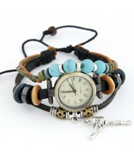 Fashionable Multiple Layer Elements Leather Bracelet Watch - Black