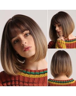 Gradient Brown Color Short Straight with Bangs Synthetic Hair Women Wholesale Wig