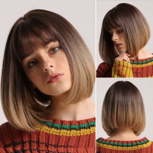 Gradient Brown Color Short Straight with Bangs Synthetic Hair Women Wholesale Wig