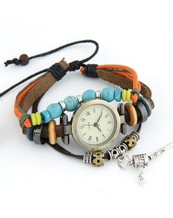 Fashionable Multiple Layer Elements Leather Bracelet Watch - Coffee