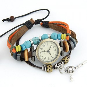 Fashionable Multiple Layer Elements Leather Bracelet Watch - Coffee