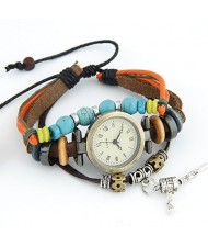 Fashionable Multiple Layer Elements Leather Bracelet Watch - Coffee