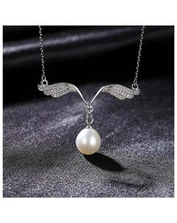 Romantic Angle Wings Pearl Pendant Wholesale 925 Sterling Silver Necklace - White