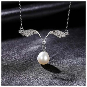 Romantic Angle Wings Pearl Pendant Wholesale 925 Sterling Silver Necklace - White