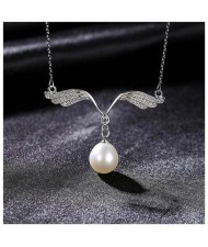 Romantic Angle Wings Pearl Pendant Wholesale 925 Sterling Silver Necklace - White