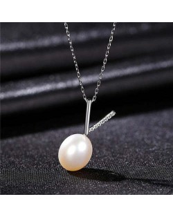 Cubic Zirconia Embellished V Letter Pearl Wholesale 925 Sterling Silver Necklace - White