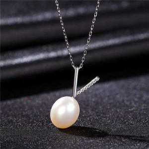 Cubic Zirconia Embellished V Letter Pearl Wholesale 925 Sterling Silver Necklace - White