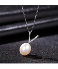 Cubic Zirconia Embellished V Letter Pearl Wholesale 925 Sterling Silver Necklace - White
