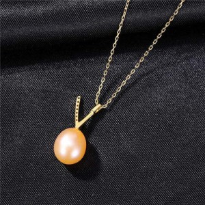 Cubic Zirconia Embellished V Letter Pearl Wholesale 925 Sterling Silver Necklace - Pink