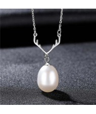 Unique Design Wholesale 925 Sterling Silver Jewelry Lucky Antlers Pearl Pendant Necklace - White