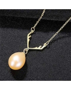 Unique Design Wholesale 925 Sterling Silver Jewelry Lucky Antlers Pearl Pendant Necklace - Pink