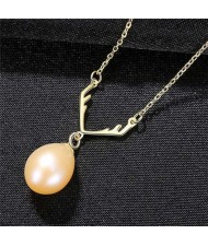Unique Design Wholesale 925 Sterling Silver Jewelry Lucky Antlers Pearl Pendant Necklace - Pink