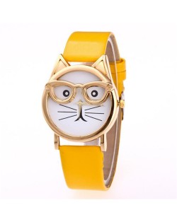 Cute Golden Glasses Cat Fashion Wrist Watch - Yellow