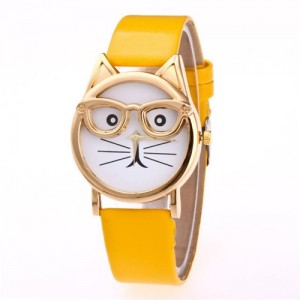 Cute Golden Glasses Cat Fashion Wrist Watch - Yellow