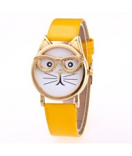 Cute Golden Glasses Cat Fashion Wrist Watch - Yellow