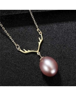 Unique Design Wholesale 925 Sterling Silver Jewelry Lucky Antlers Pearl Pendant Necklace - Purple