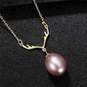 Unique Design Wholesale 925 Sterling Silver Jewelry Lucky Antlers Pearl Pendant Necklace - Purple