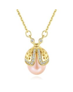 Korean Fashion Wholesale 925 Sterling Silver Jewelry Ladybug Natural Pearl Pendant Necklace - Pink