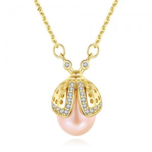Korean Fashion Wholesale 925 Sterling Silver Jewelry Ladybug Natural Pearl Pendant Necklace - Pink